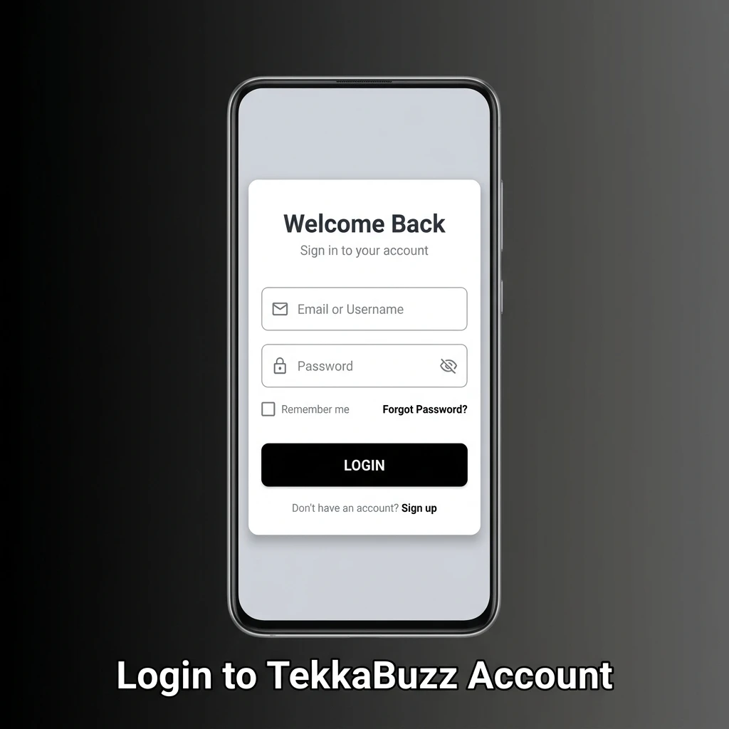 TekkaBuzz account login page showing email, password fields and two-factor authentication security verification steps