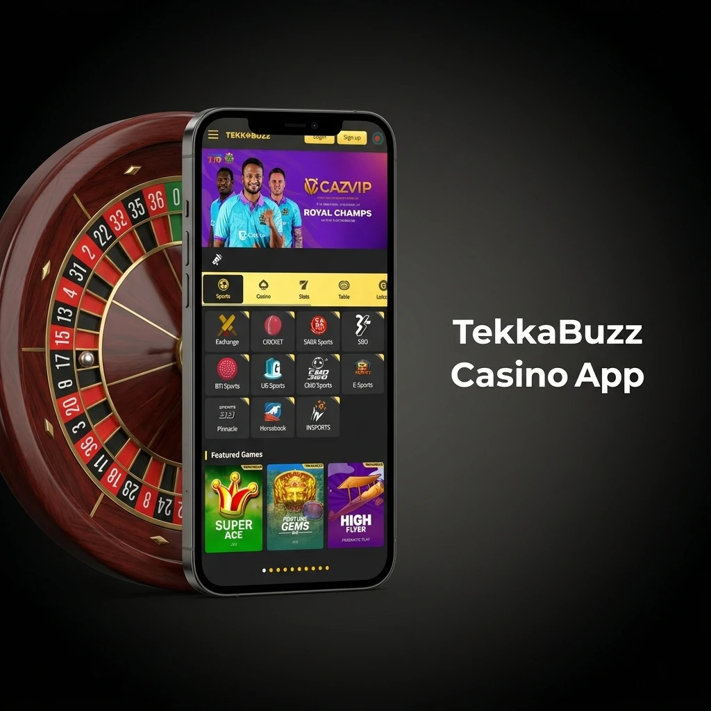 TekkaBuzz casino app interface showing live casino games, slots, and sports betting on a mobile device screen