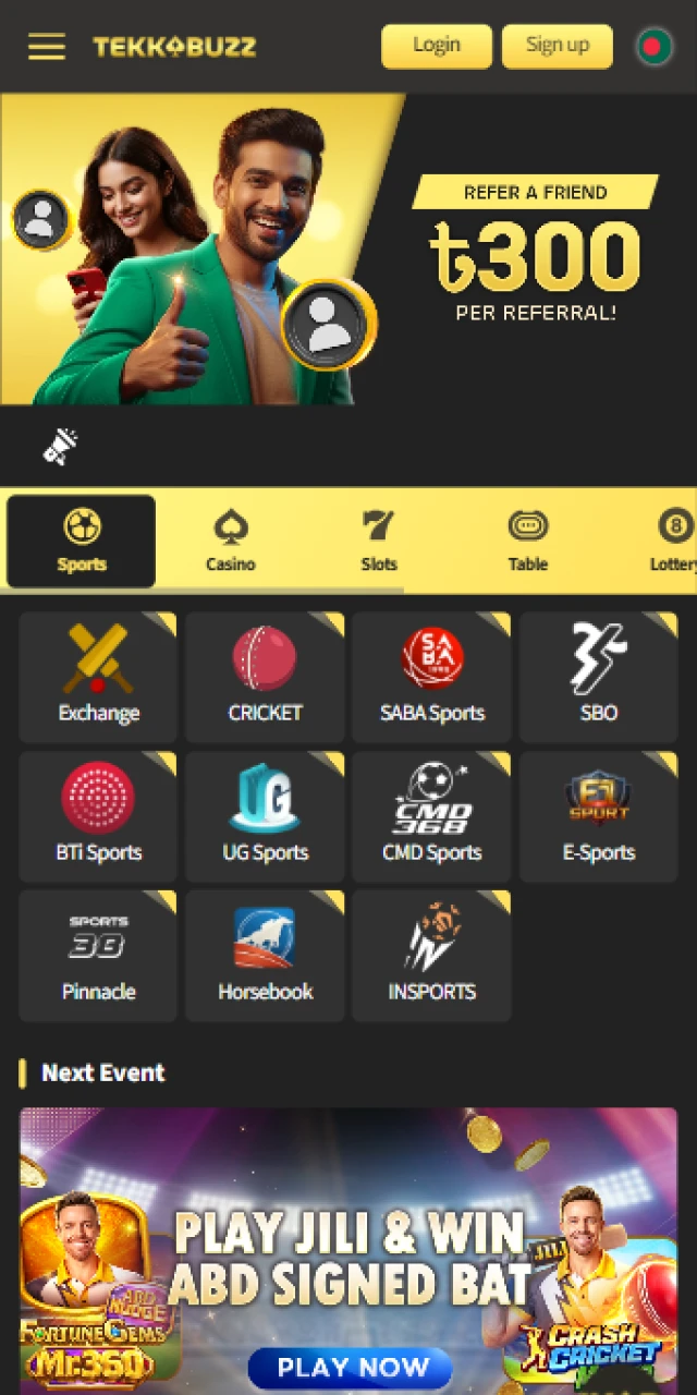 Explore the official TekkaBuzz App main interface for mobile betting.