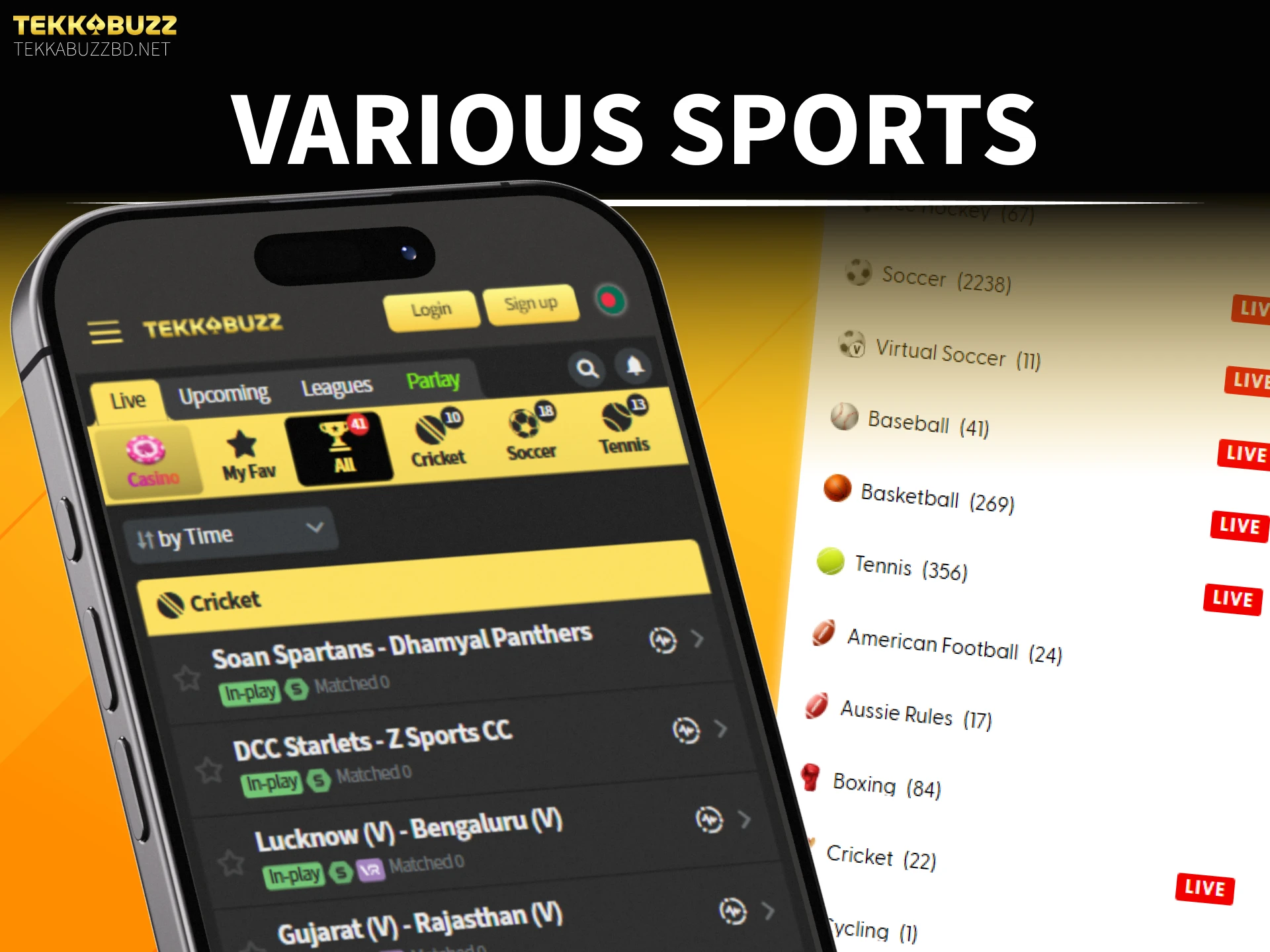 Bet on various sports matches using the official TekkaBuzz App interface.