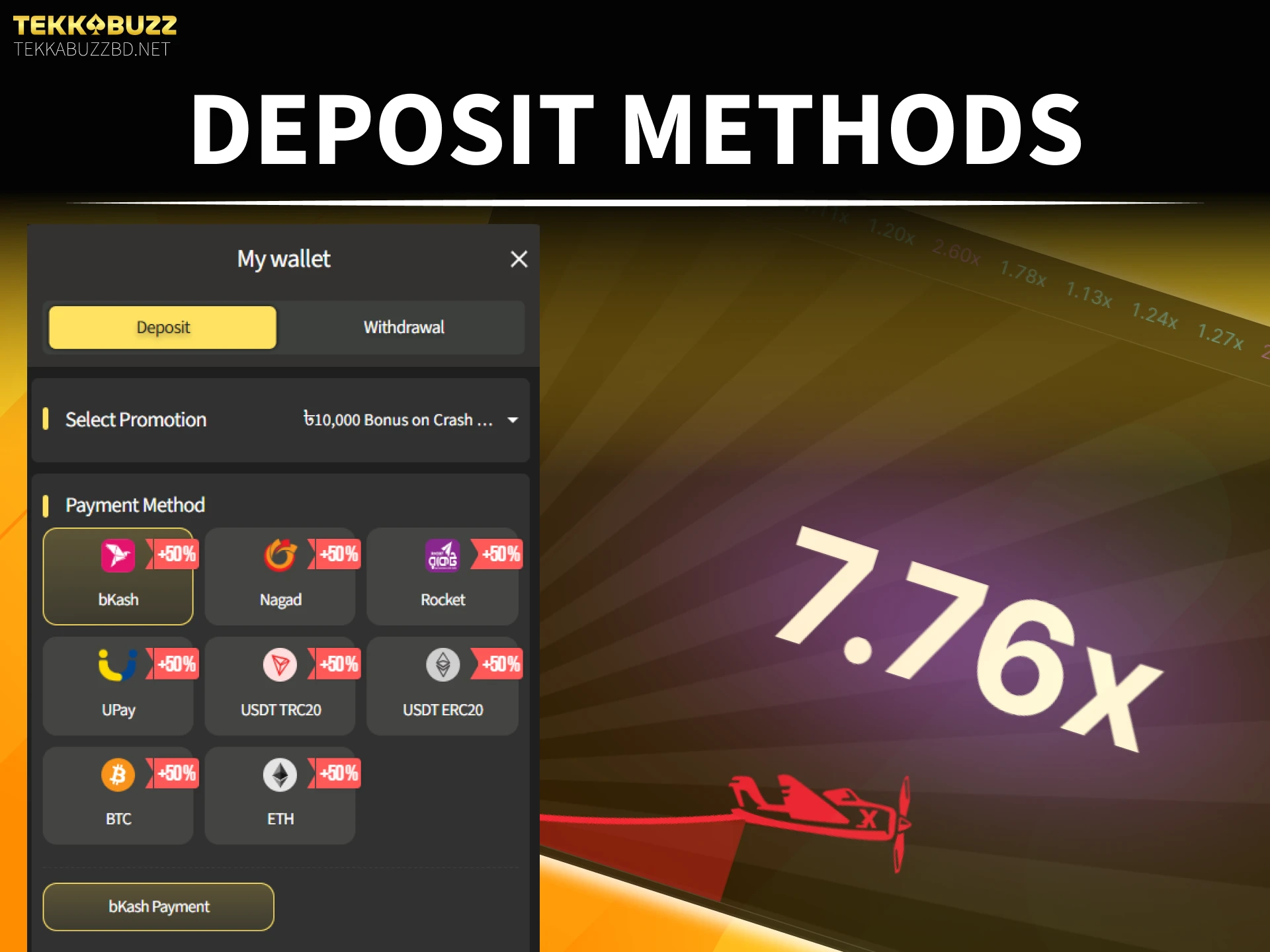 Choose secure deposit methods to play TekkaBuzz Aviator for real money.