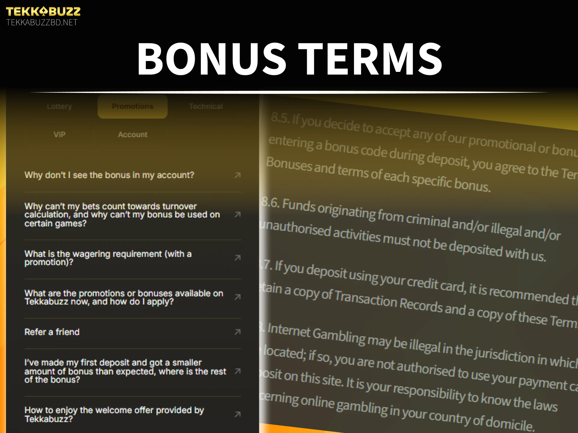 Read bonus terms for TekkaBuzz bonuses and promotions to start winning.