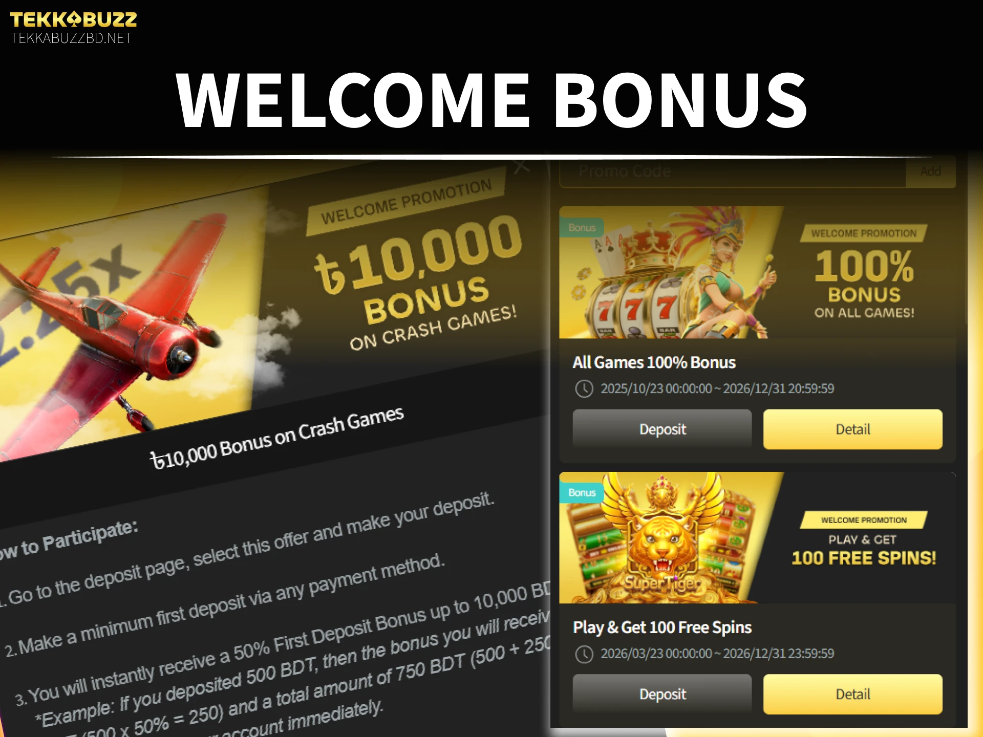 Activate your welcome bonus at TekkaBuzz casino online in Bangladesh now.