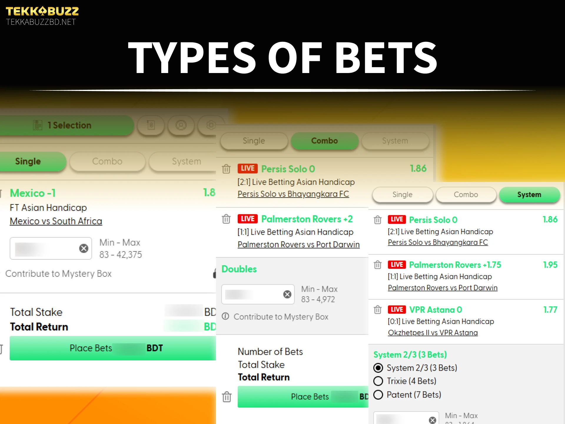 Select different types of bets for professional TekkaBuzz sports betting.